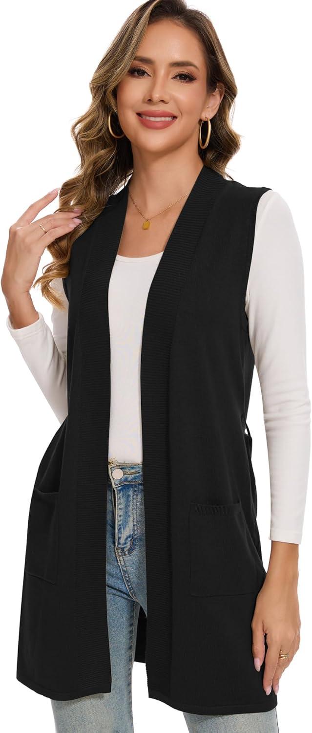 imageMoss Rose Long Vest for Women Sleeveless Cardigans Ribbed Knit Outwear with Belt and PocketsBlack