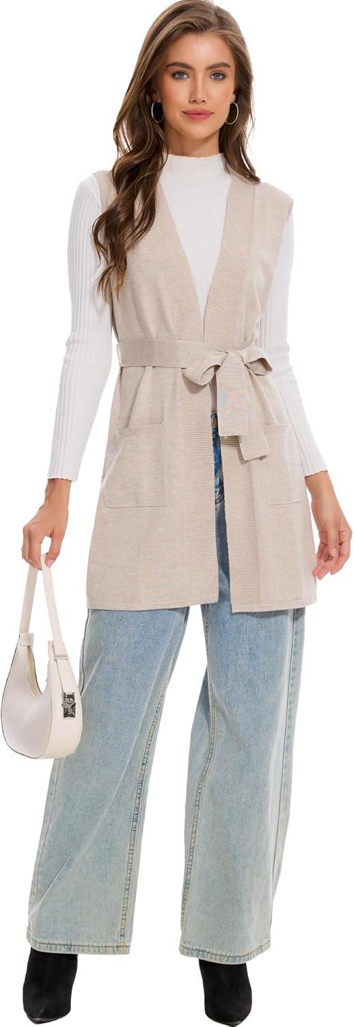 imageMoss Rose Long Vest for Women Sleeveless Cardigans Ribbed Knit Outwear with Belt and PocketsKhaki