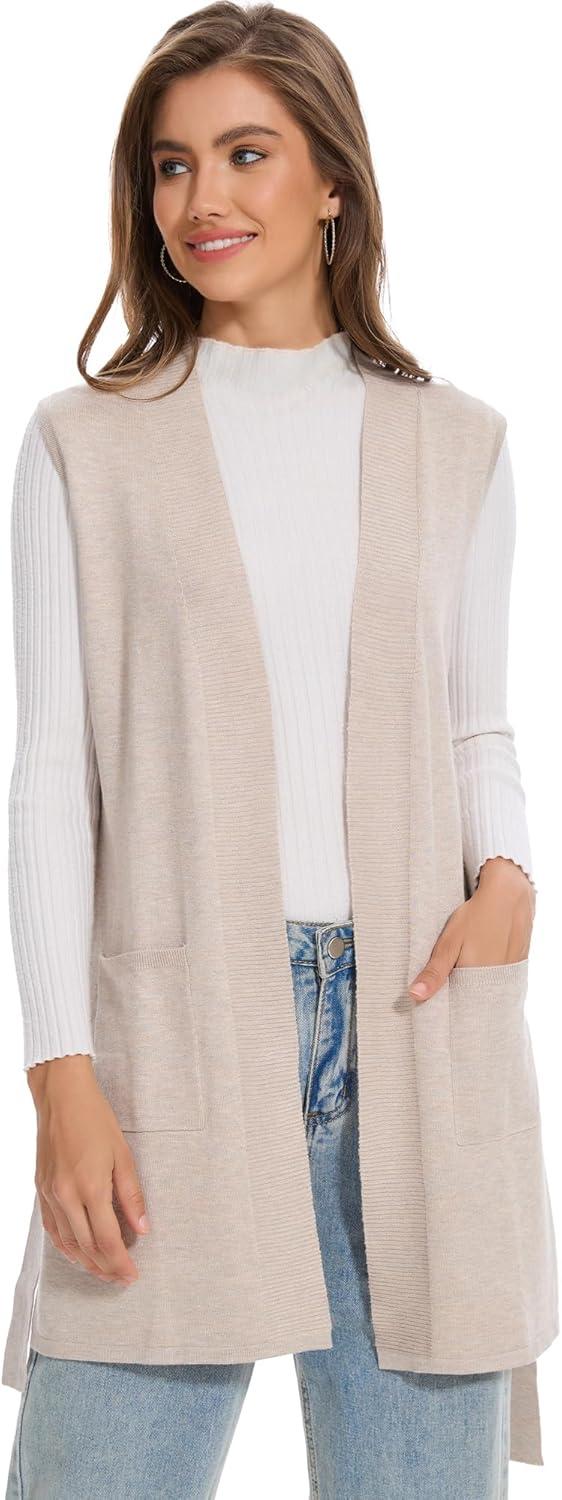 imageMoss Rose Long Vest for Women Sleeveless Cardigans Ribbed Knit Outwear with Belt and PocketsKhaki