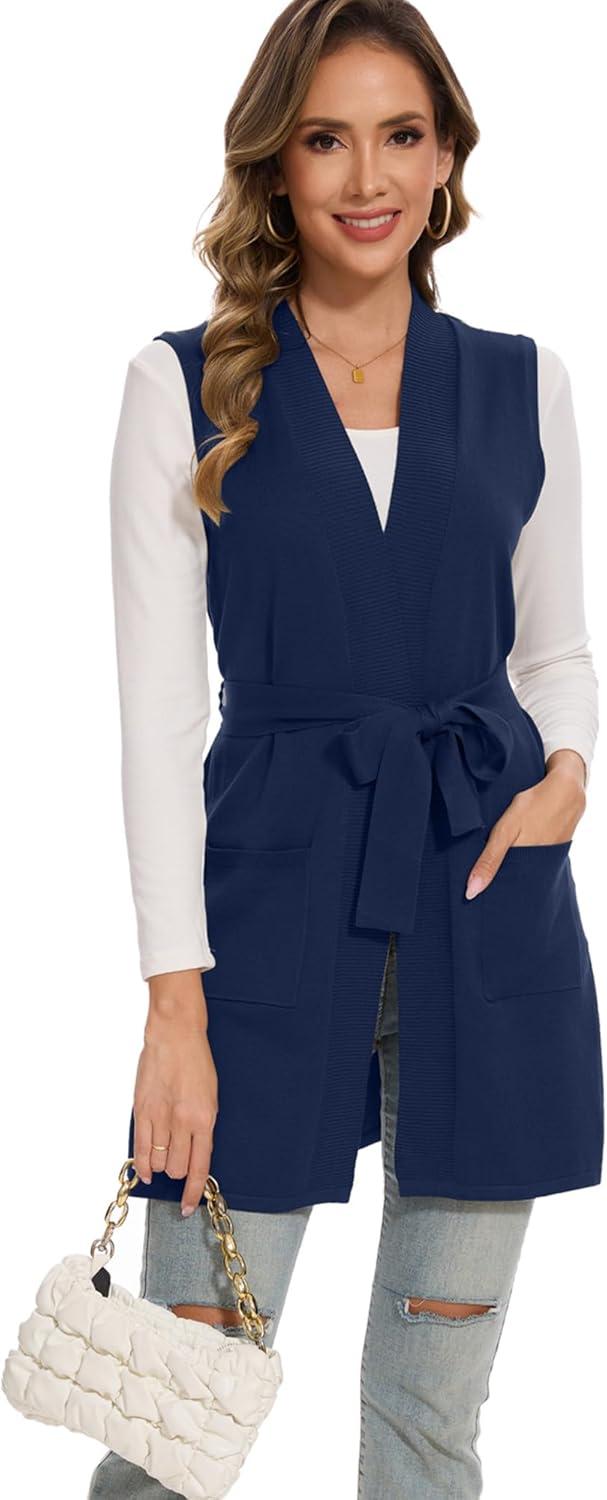imageMoss Rose Long Vest for Women Sleeveless Cardigans Ribbed Knit Outwear with Belt and PocketsNavy