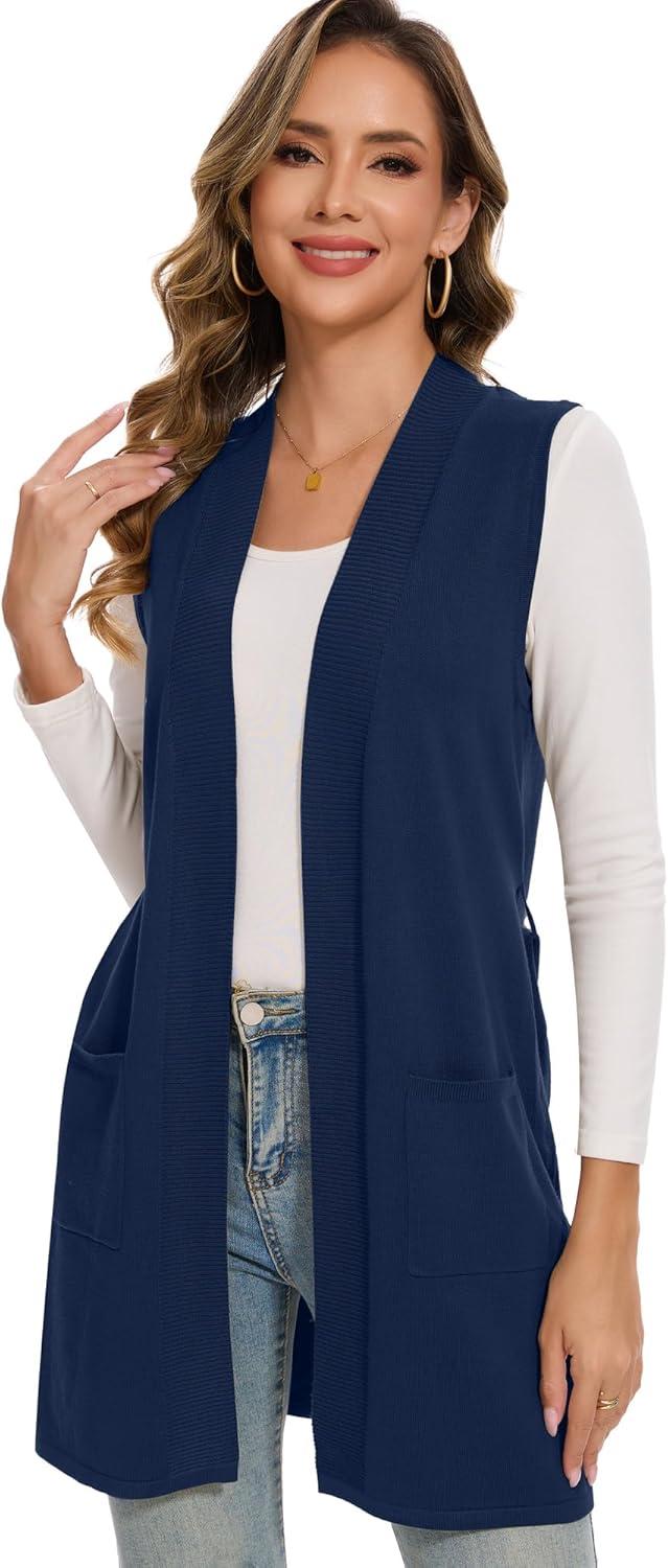 imageMoss Rose Long Vest for Women Sleeveless Cardigans Ribbed Knit Outwear with Belt and PocketsNavy