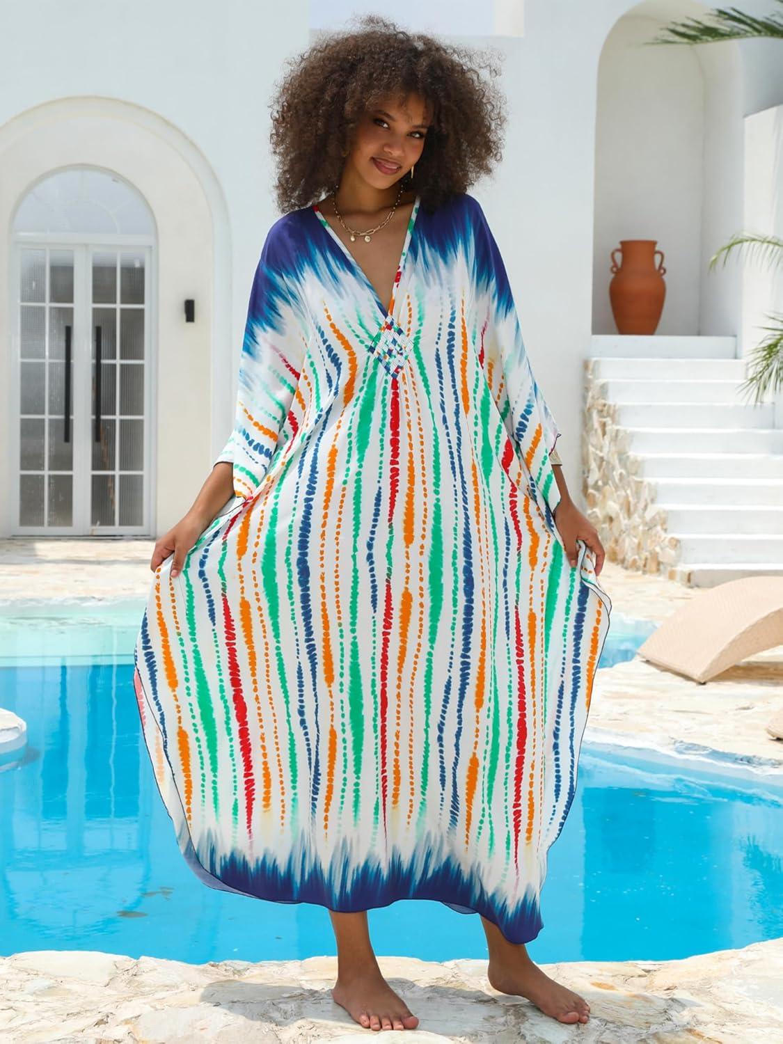 imageMoss Rose Women Summer Caftan Coverups Dress Kimono Beach Vacation Wear V Neck Print Maxi Boho DressBcolorful