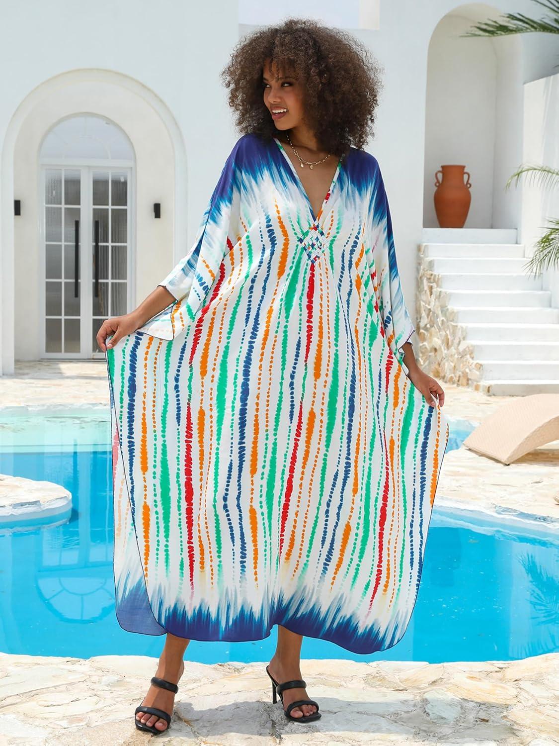 imageMoss Rose Women Summer Caftan Coverups Dress Kimono Beach Vacation Wear V Neck Print Maxi Boho DressBcolorful