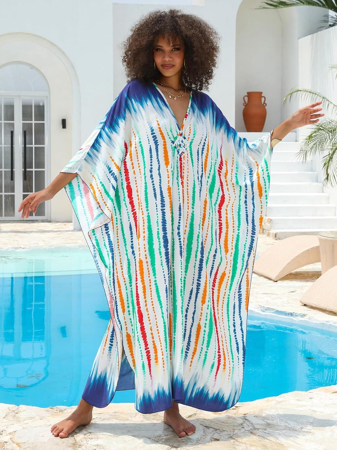imageMoss Rose Women Summer Caftan Coverups Dress Kimono Beach Vacation Wear V Neck Print Maxi Boho DressBcolorful