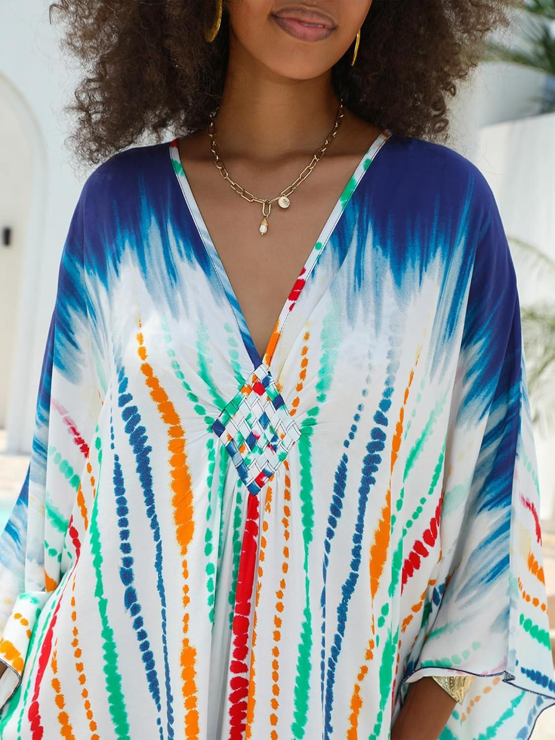 imageMoss Rose Women Summer Caftan Coverups Dress Kimono Beach Vacation Wear V Neck Print Maxi Boho DressBcolorful