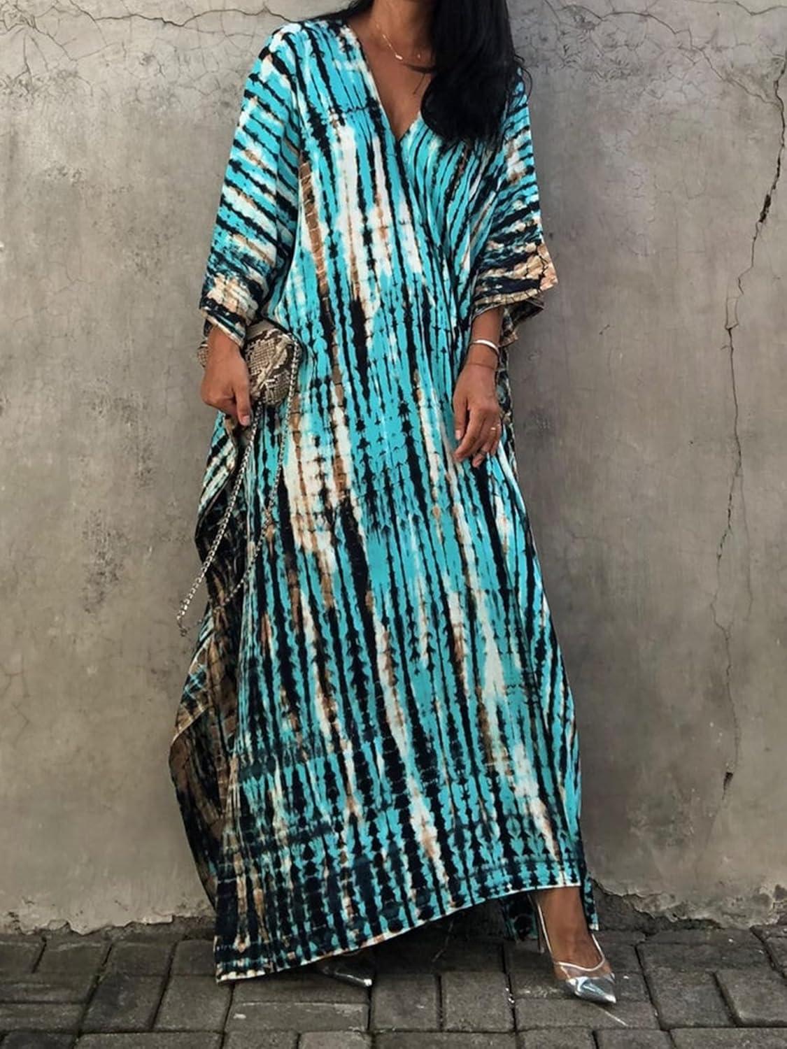 imageMoss Rose Women Summer Caftan Coverups Dress Kimono Beach Vacation Wear V Neck Print Maxi Boho DressZblue