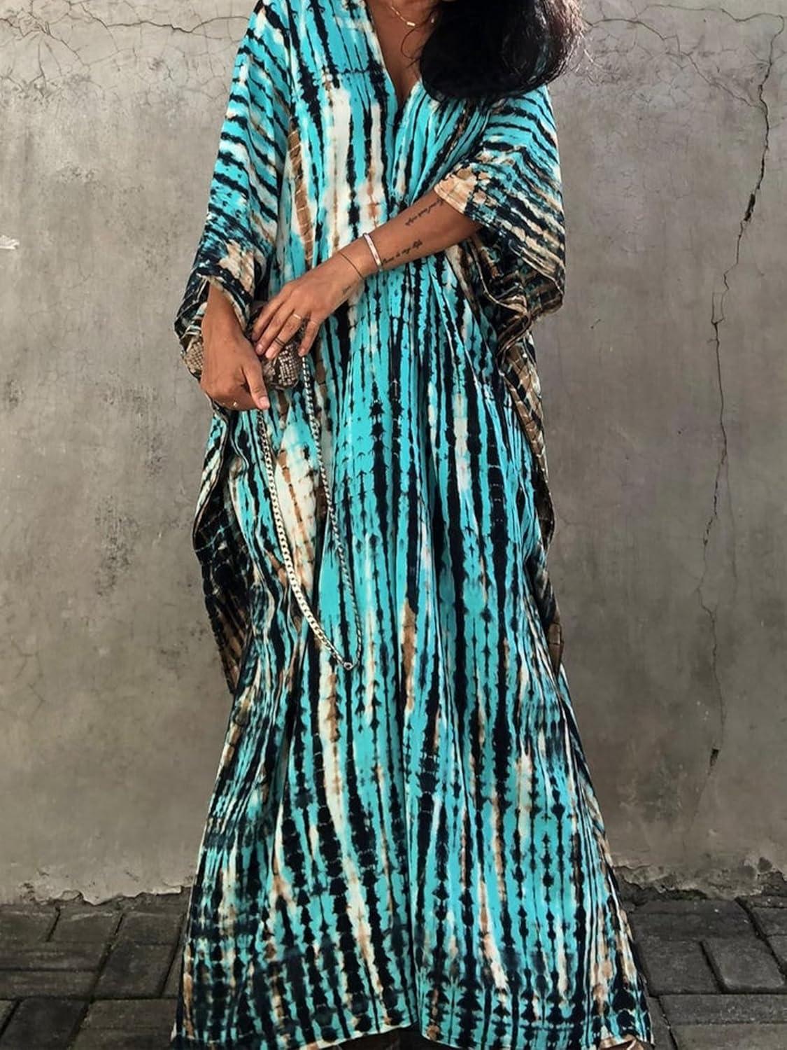 imageMoss Rose Women Summer Caftan Coverups Dress Kimono Beach Vacation Wear V Neck Print Maxi Boho DressZblue