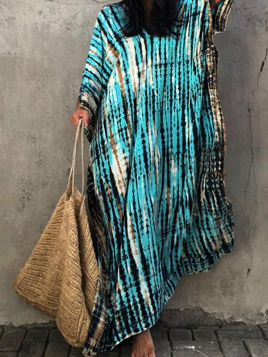 imageMoss Rose Women Summer Caftan Coverups Dress Kimono Beach Vacation Wear V Neck Print Maxi Boho DressZblue