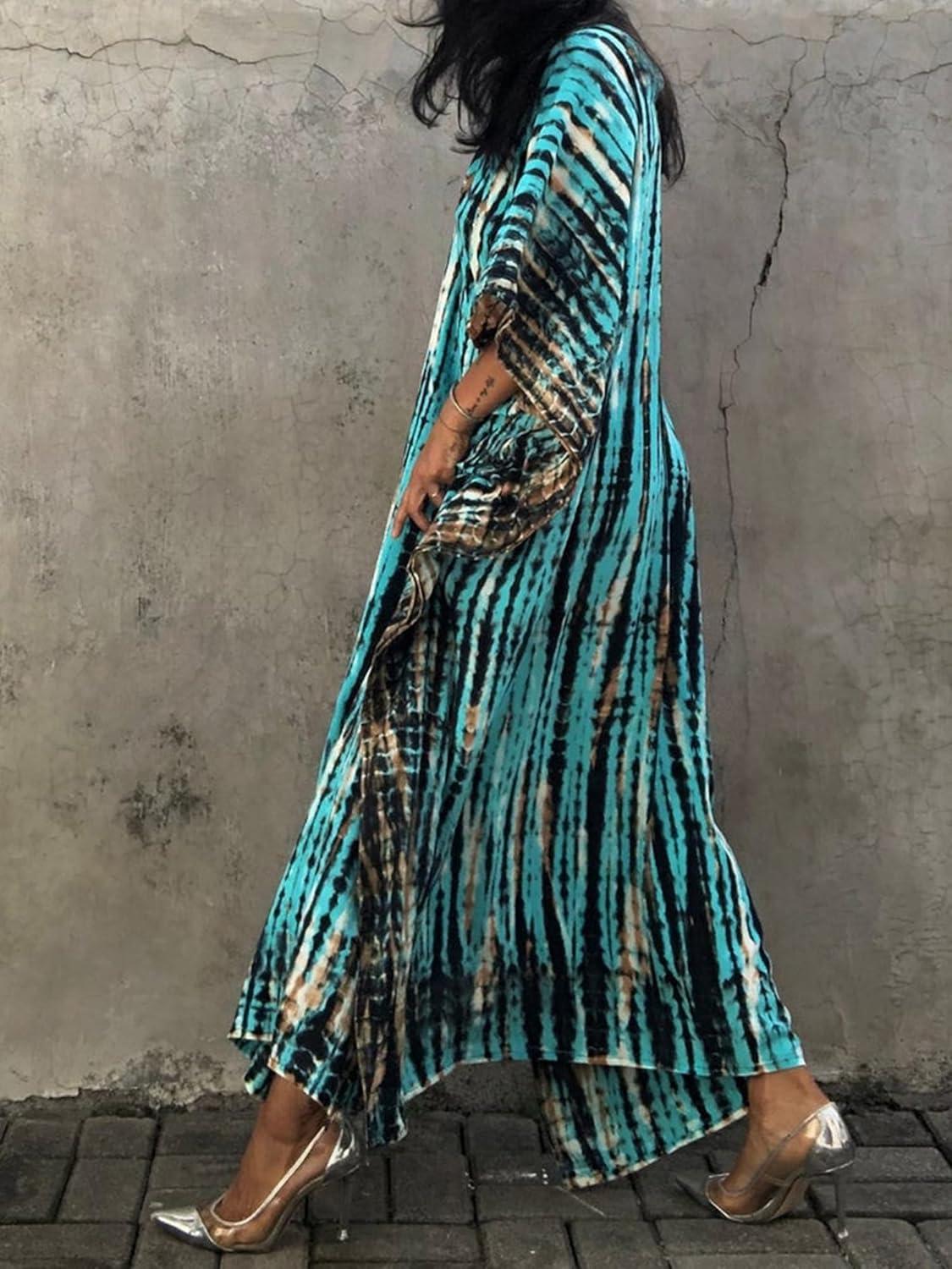 imageMoss Rose Women Summer Caftan Coverups Dress Kimono Beach Vacation Wear V Neck Print Maxi Boho DressZblue