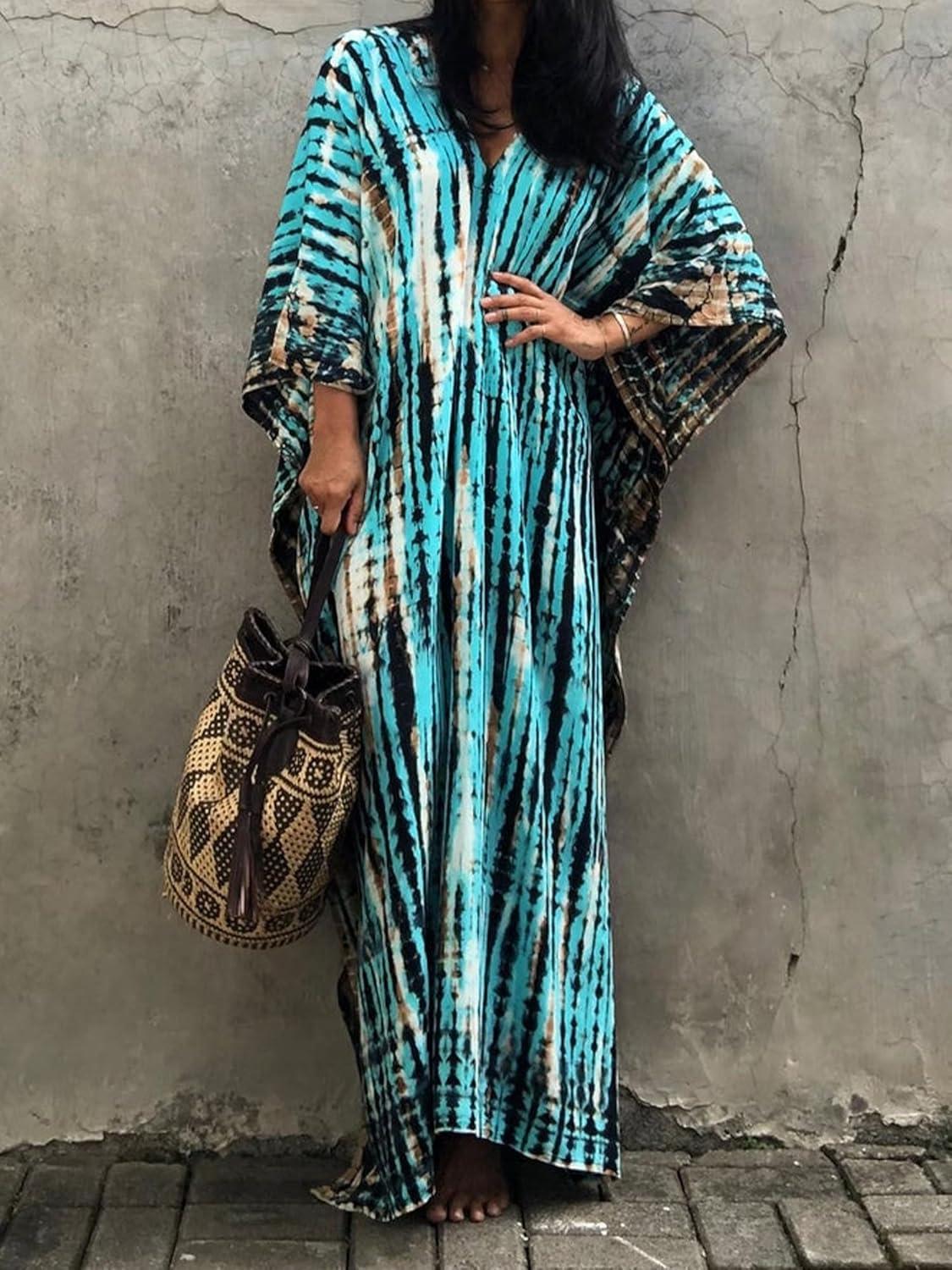 imageMoss Rose Women Summer Caftan Coverups Dress Kimono Beach Vacation Wear V Neck Print Maxi Boho DressZblue