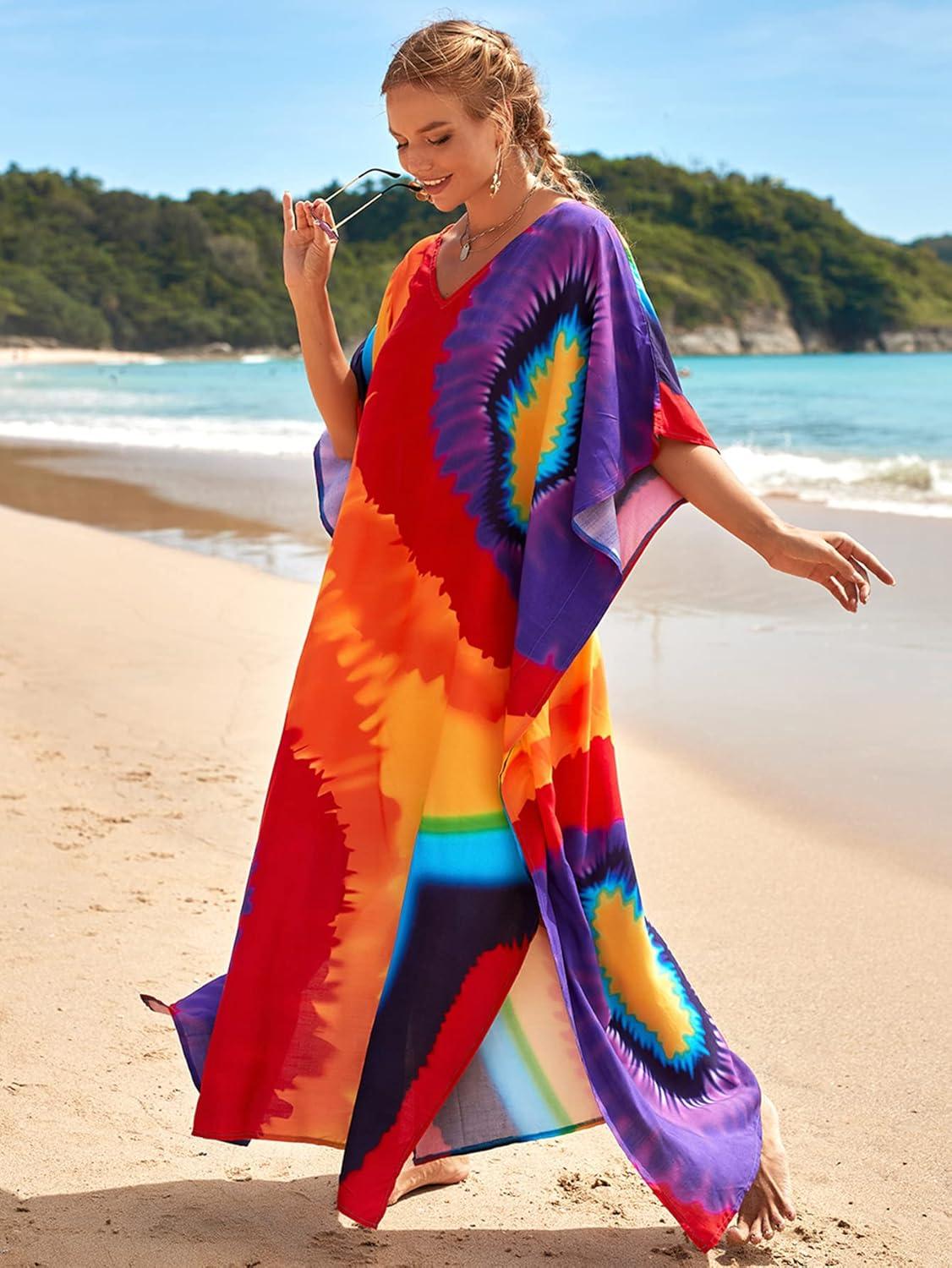 imageMoss Rose Women Summer Caftan Coverups Dress Kimono Beach Vacation Wear V Neck Print Maxi Boho DressZcolorful 2