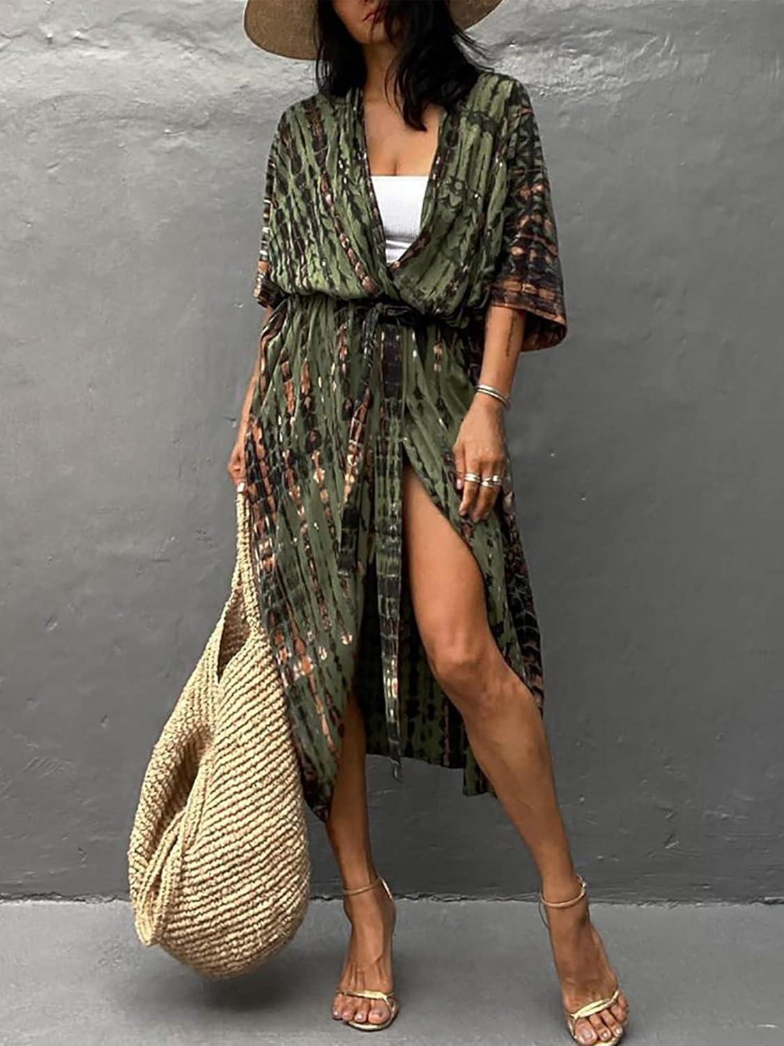 imageMoss Rose Women Summer Caftan Kimono Cardigan Open Fron Swimsuit Kaftan Maxi Beach Vacation Clothes with BeltAgreen