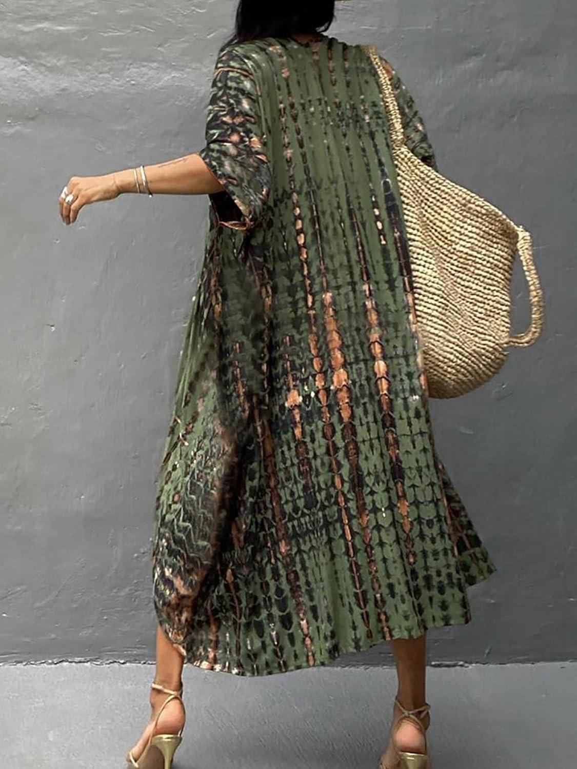 imageMoss Rose Women Summer Caftan Kimono Cardigan Open Fron Swimsuit Kaftan Maxi Beach Vacation Clothes with BeltAgreen