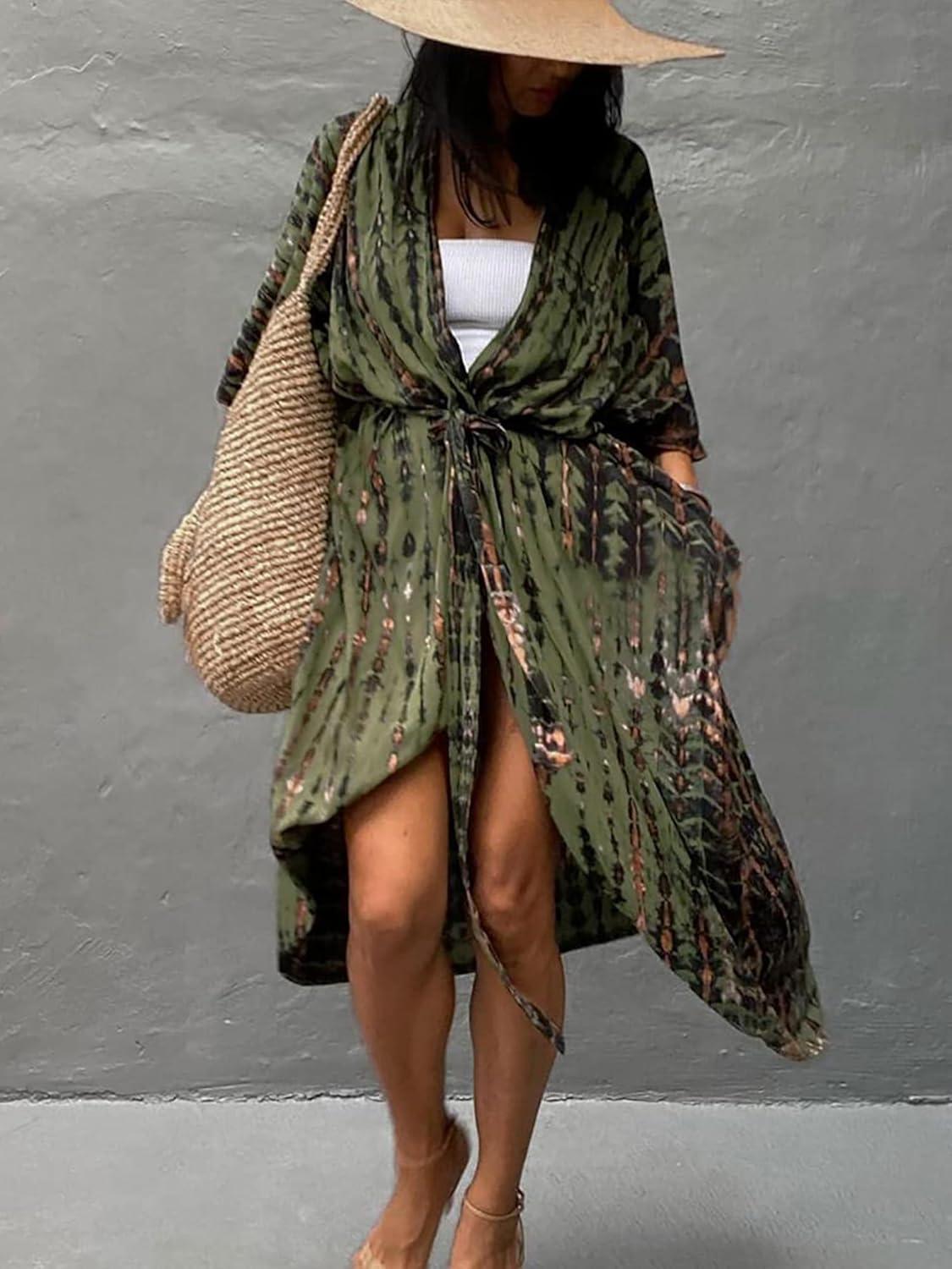 imageMoss Rose Women Summer Caftan Kimono Cardigan Open Fron Swimsuit Kaftan Maxi Beach Vacation Clothes with BeltAgreen