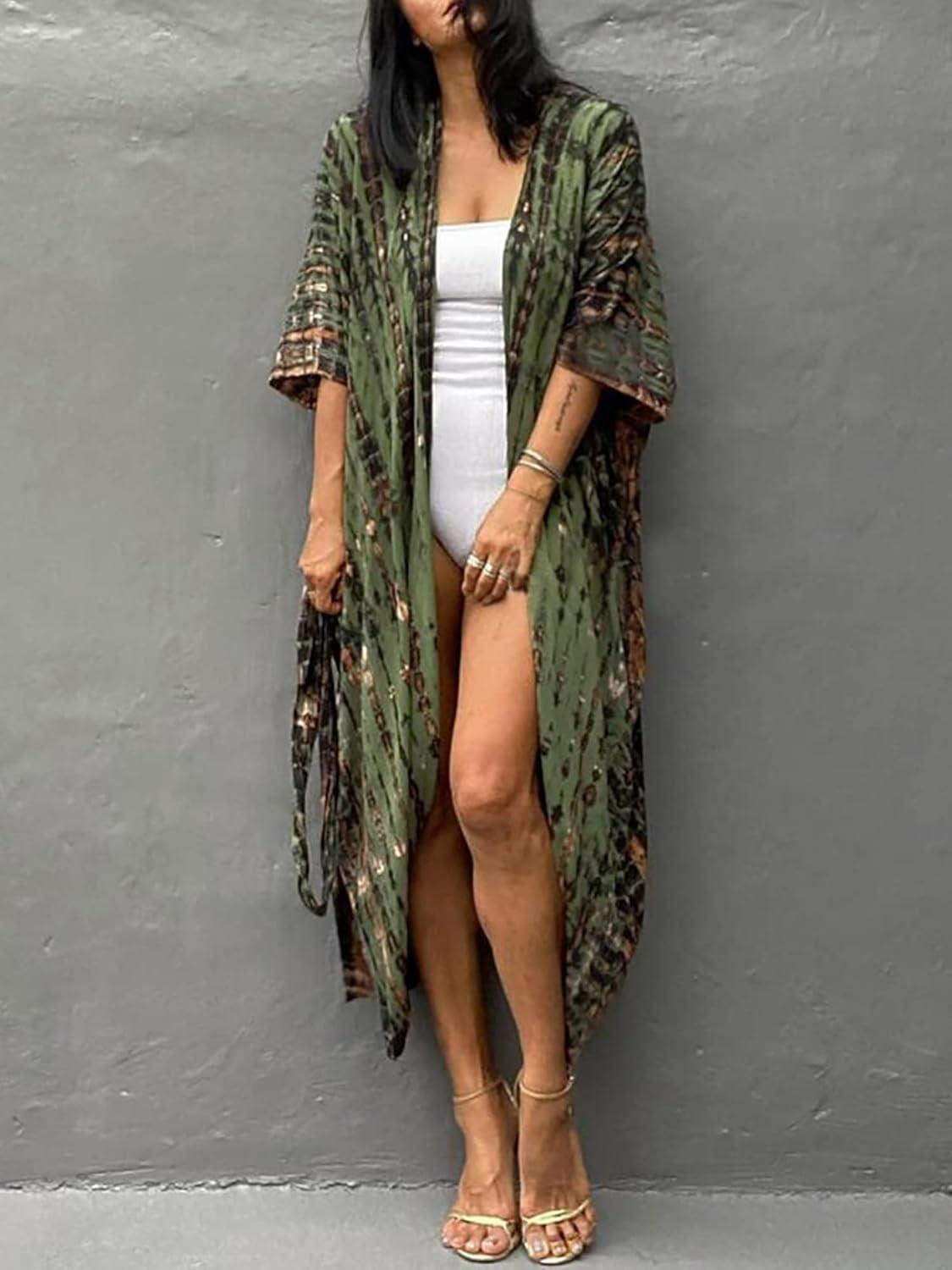 imageMoss Rose Women Summer Caftan Kimono Cardigan Open Fron Swimsuit Kaftan Maxi Beach Vacation Clothes with BeltAgreen