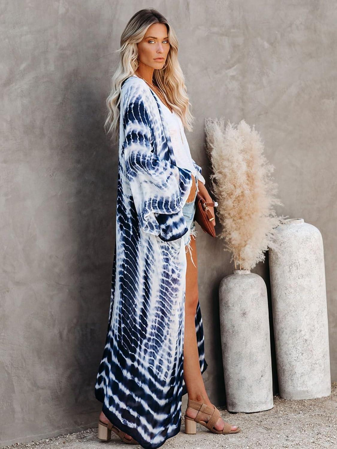 imageMoss Rose Women Summer Caftan Kimono Cardigan Open Fron Swimsuit Kaftan Maxi Beach Vacation Clothes with BeltBwhite Blue