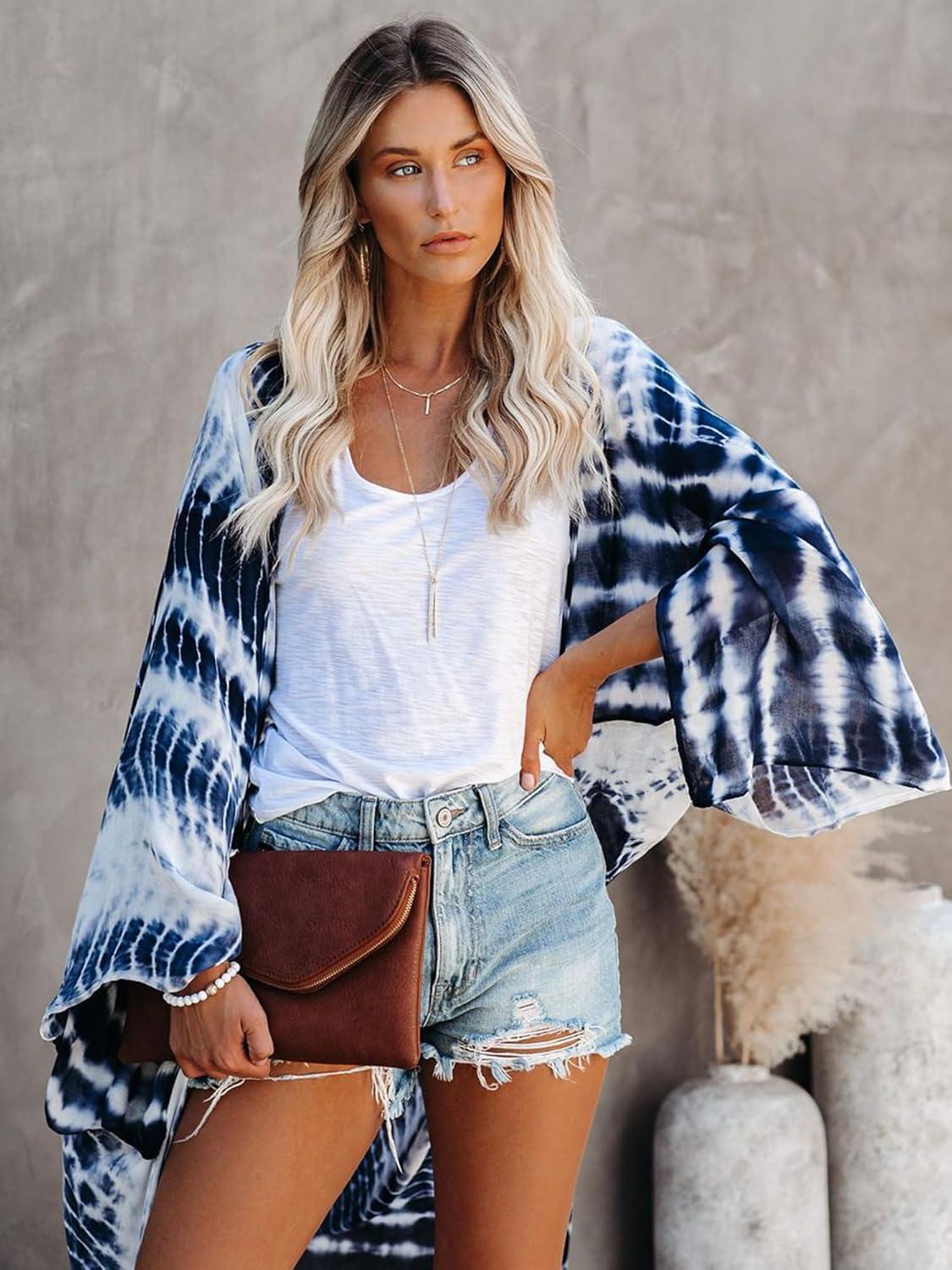 imageMoss Rose Women Summer Caftan Kimono Cardigan Open Fron Swimsuit Kaftan Maxi Beach Vacation Clothes with BeltBwhite Blue