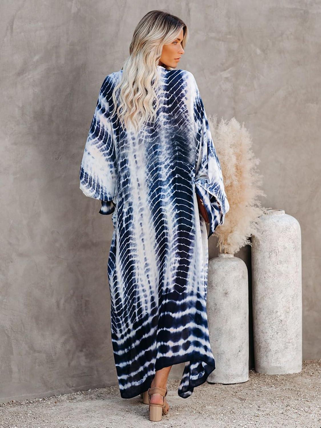 imageMoss Rose Women Summer Caftan Kimono Cardigan Open Fron Swimsuit Kaftan Maxi Beach Vacation Clothes with BeltBwhite Blue