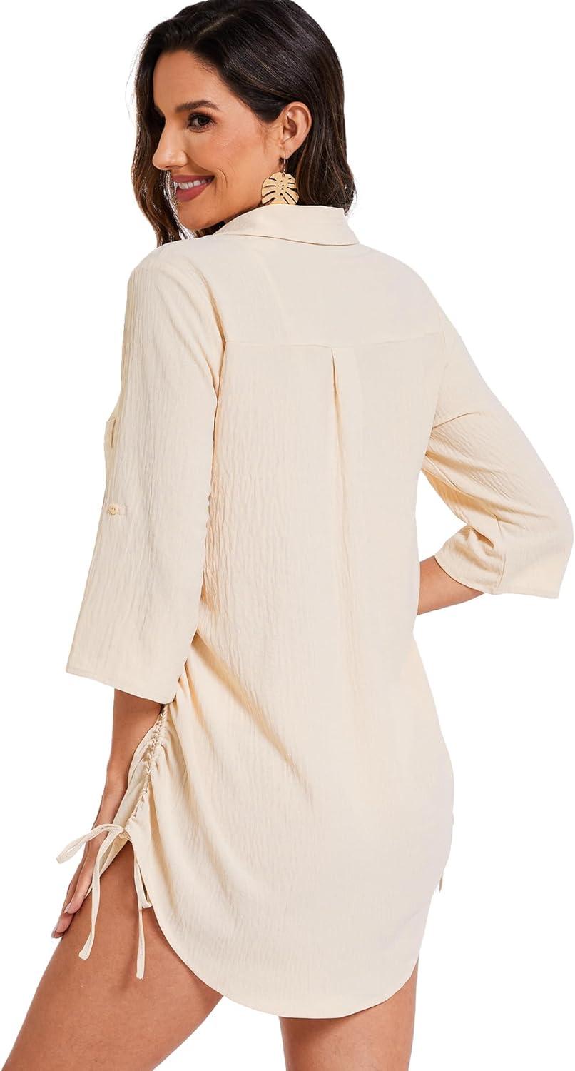 imageMoss Rose Womens Bathing Suit Cover Ups Bikini Swimsuit Coverup Drawstring Beach Dress ShirtApricot