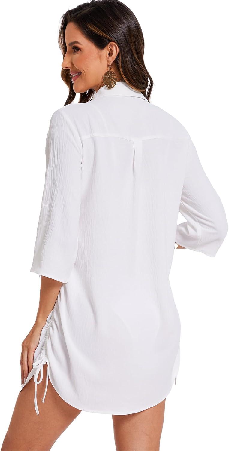 imageMoss Rose Womens Bathing Suit Cover Ups Bikini Swimsuit Coverup Drawstring Button Down Beach Dress ShirtWhite