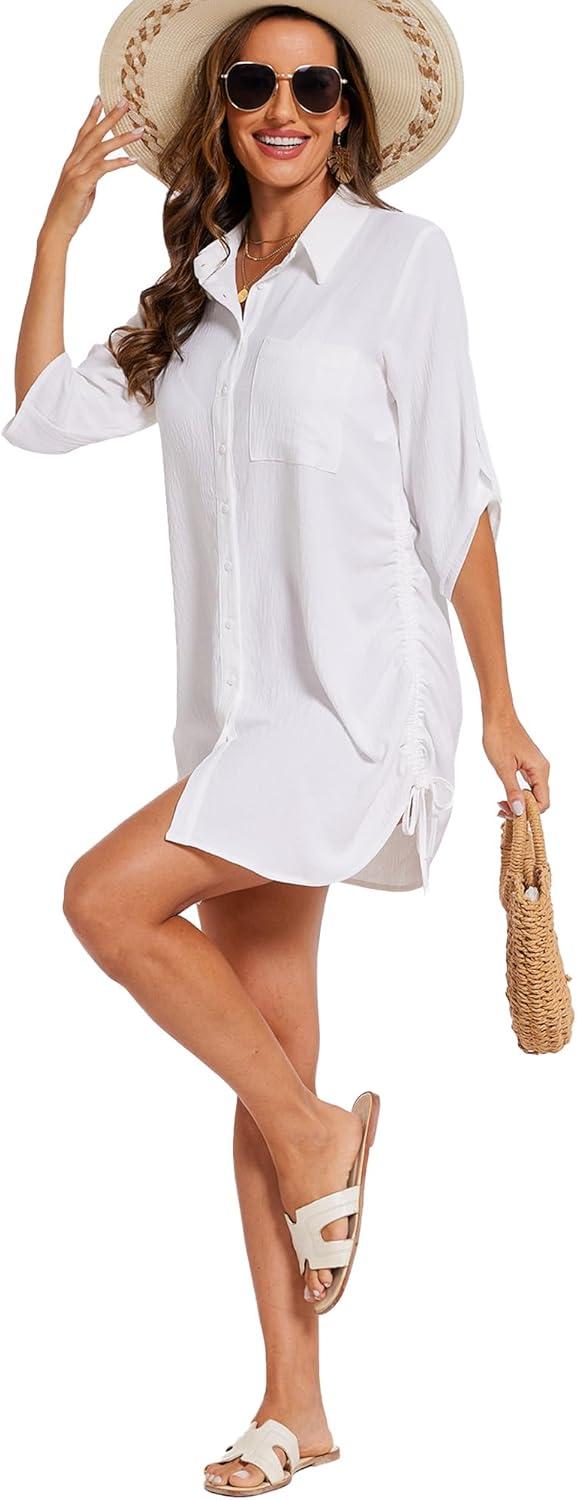 imageMoss Rose Womens Bathing Suit Cover Ups Bikini Swimsuit Coverup Drawstring Button Down Beach Dress ShirtWhite