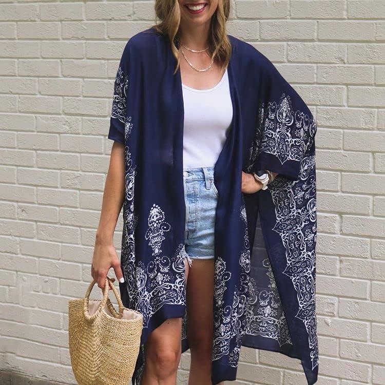 imageMoss Rose Womens Beach Cover up Swimsuit Kimono with Bohemian Floral Print Loose Casual Resort WearC Adeline Indigo