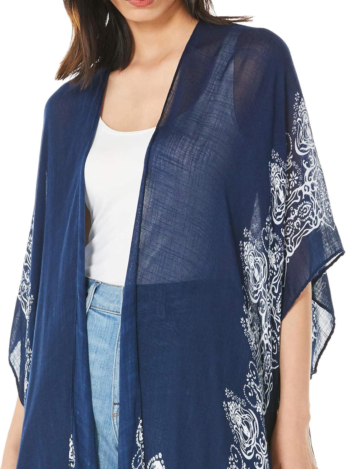 imageMoss Rose Womens Beach Cover up Swimsuit Kimono with Bohemian Floral Print Loose Casual Resort WearC Adeline Indigo