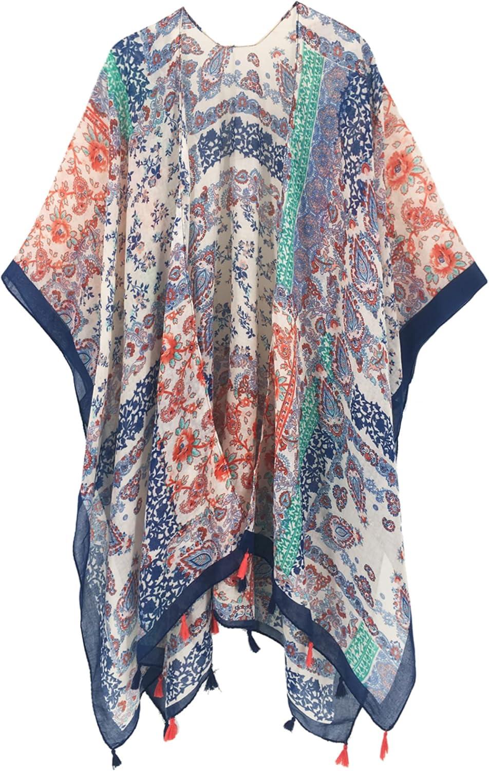 imageMoss Rose Womens Beach Cover up Swimsuit Kimono with Bohemian Floral Print Loose Casual Resort WearC Multi Flower