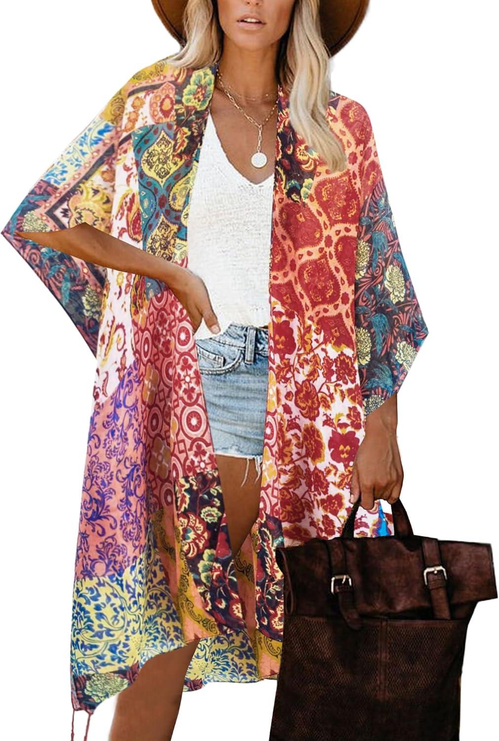 imageMoss Rose Womens Beach Cover up Swimsuit Kimono with Bohemian Floral Print Loose Casual Resort WearD Bohemian Rhapsody