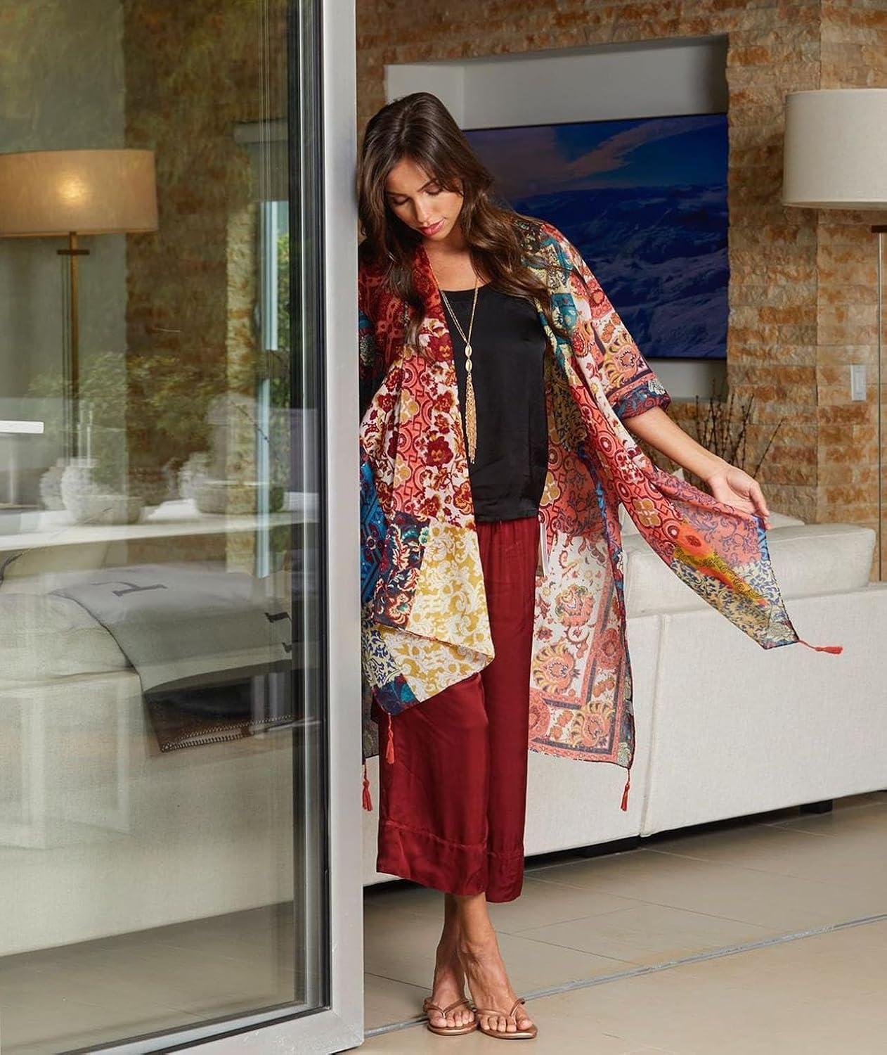 imageMoss Rose Womens Beach Cover up Swimsuit Kimono with Bohemian Floral Print Loose Casual Resort WearD Bohemian Rhapsody