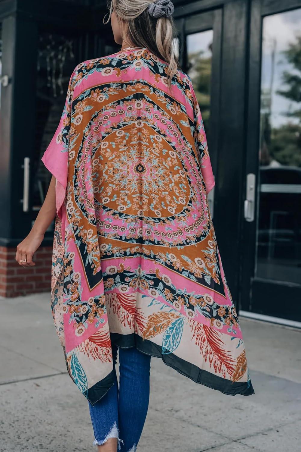 imageMoss Rose Womens Beach Cover up Swimsuit Kimono with Bohemian Floral Print Loose Casual Resort WearD Color