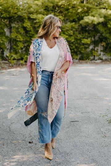 imageMoss Rose Womens Beach Cover up Swimsuit Kimono with Bohemian Floral Print Loose Casual Resort WearD Color