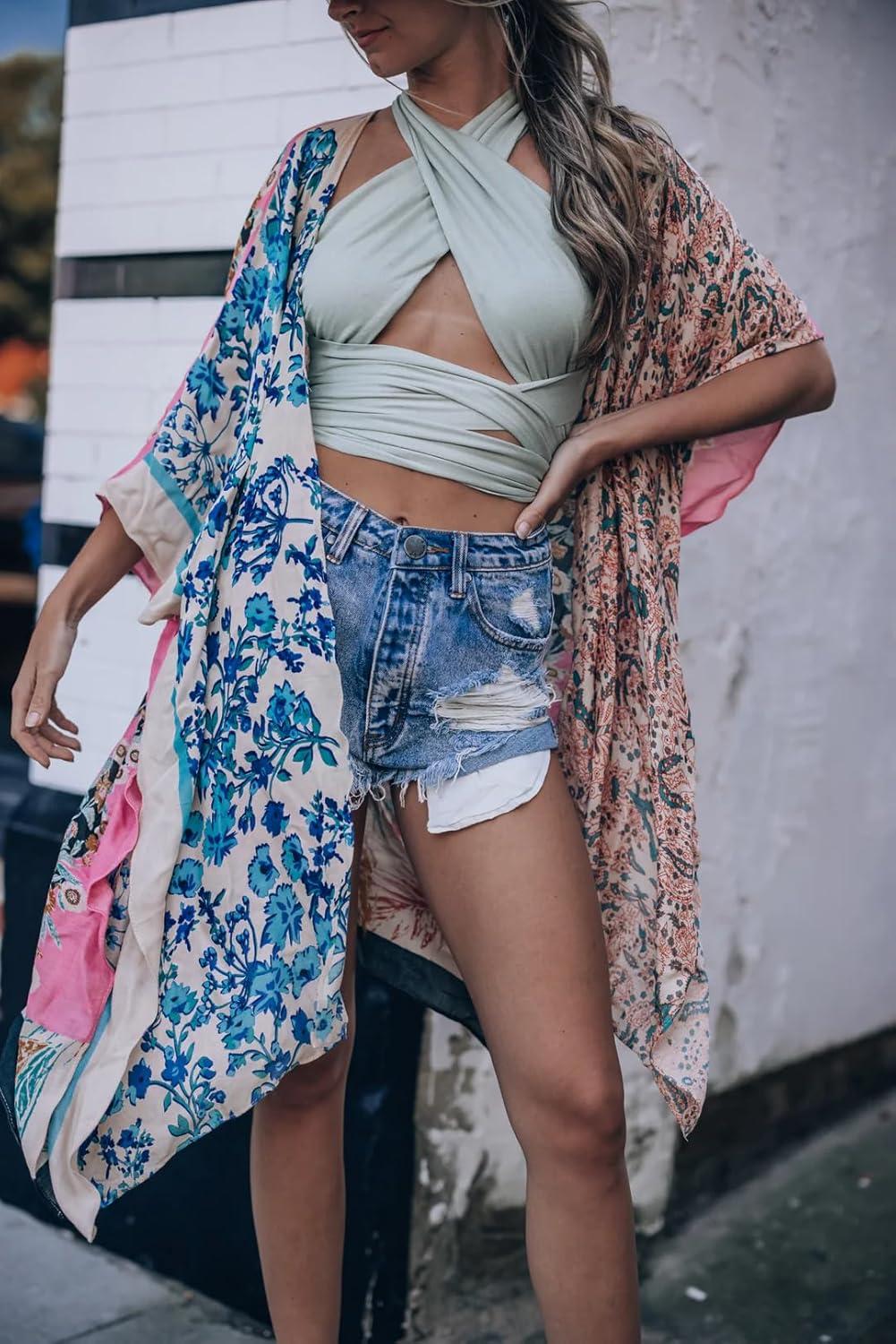 imageMoss Rose Womens Beach Cover up Swimsuit Kimono with Bohemian Floral Print Loose Casual Resort WearD Color