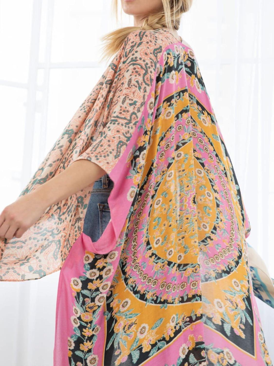 imageMoss Rose Womens Beach Cover up Swimsuit Kimono with Bohemian Floral Print Loose Casual Resort WearD Color