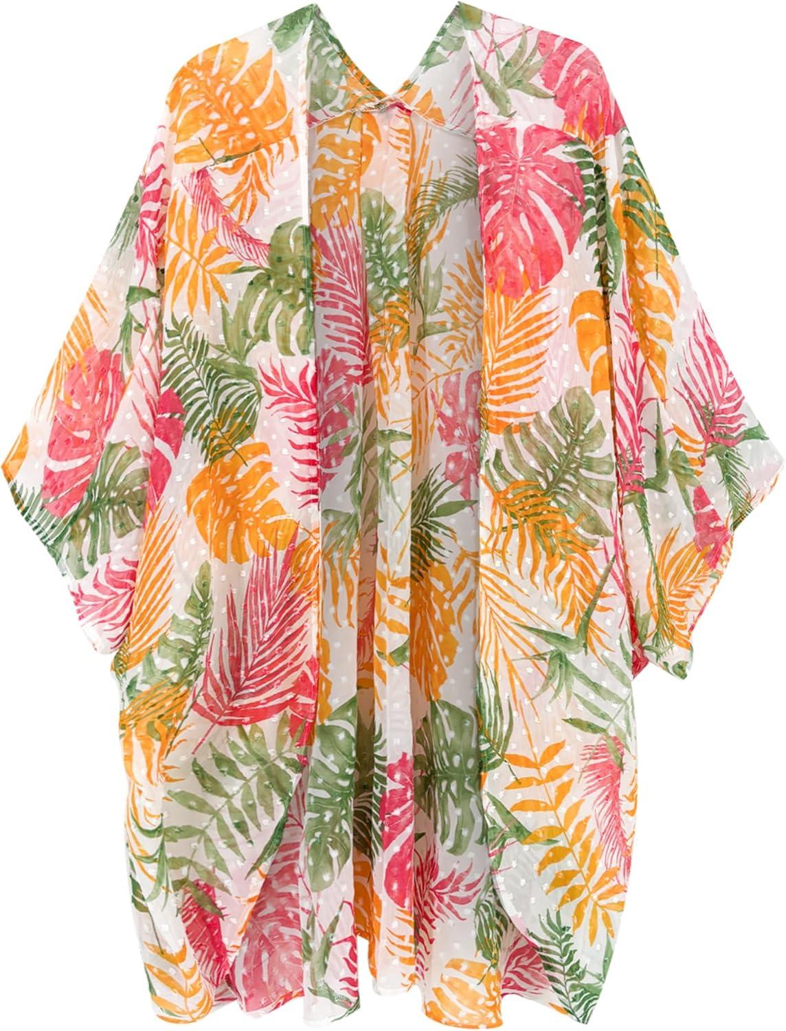 imageMoss Rose Womens Beach Kimono Coverup Sheer Chiffon Cover Ups Casual Loose Open Front Cardigan TopsOrange Floral Print