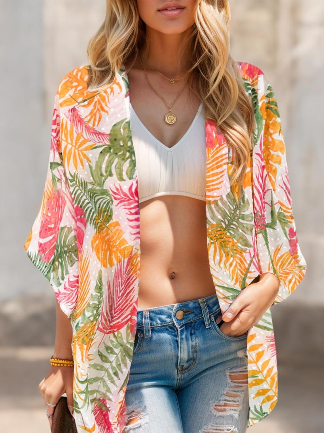 imageMoss Rose Womens Beach Kimono Coverup Sheer Chiffon Cover Ups Casual Loose Open Front Cardigan TopsOrange Floral Print