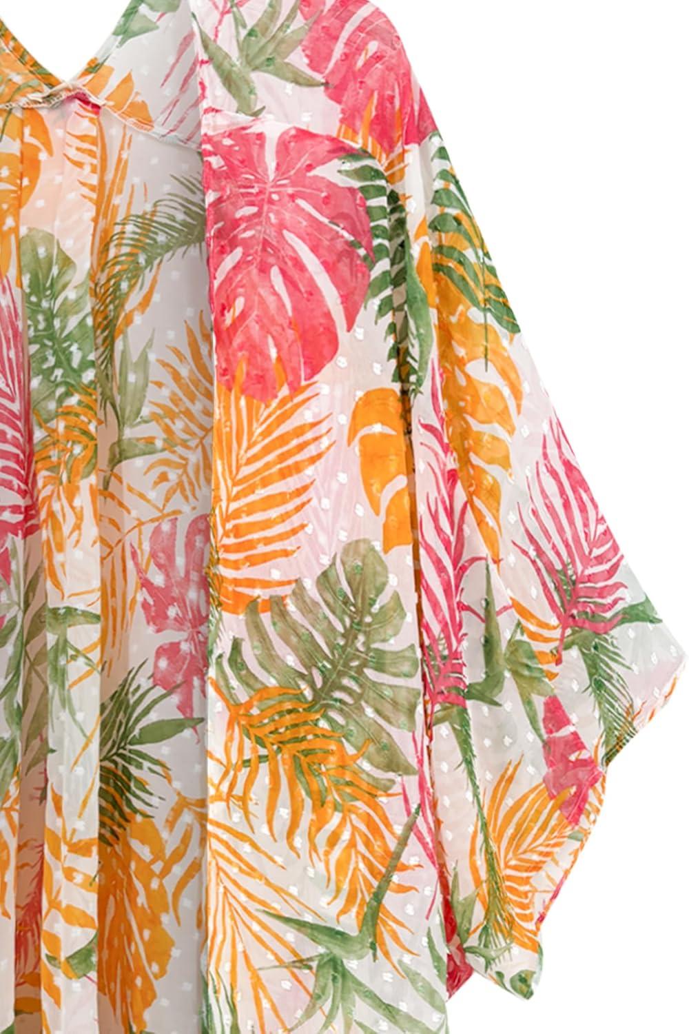 imageMoss Rose Womens Beach Kimono Coverup Sheer Chiffon Cover Ups Casual Loose Open Front Cardigan TopsOrange Floral Print