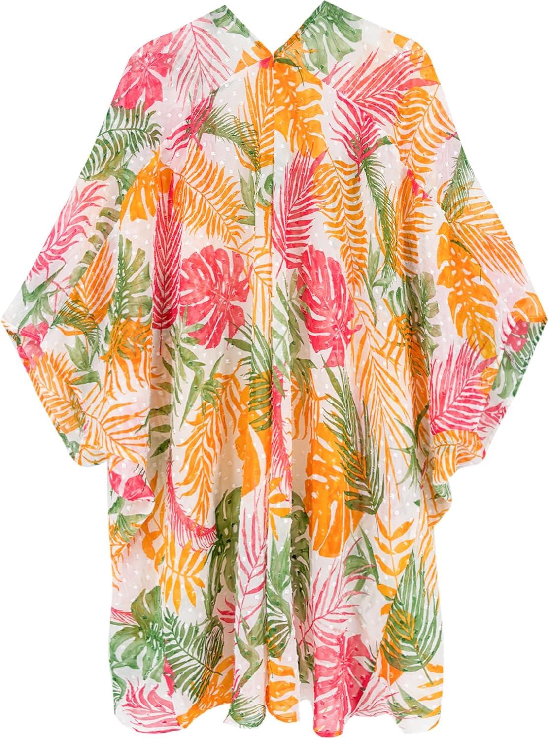 imageMoss Rose Womens Beach Kimono Coverup Sheer Chiffon Cover Ups Casual Loose Open Front Cardigan TopsOrange Floral Print