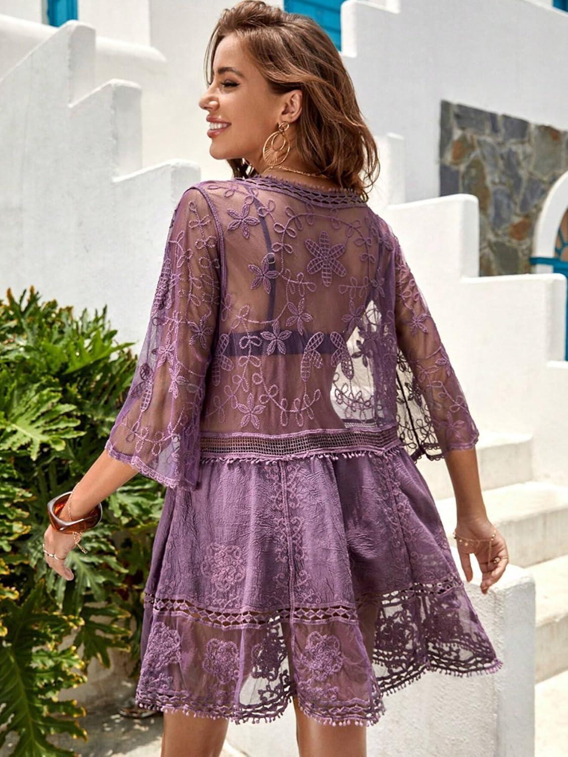 imageMoss Rose Womens Lace Bathing Suit Cover Up VNeck Coverups Swimwear Swimsuit Swim Beach Dress BeachwearPurple