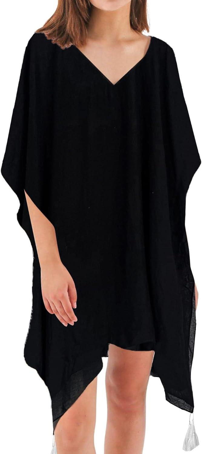 imageMoss Rose Womens Swimsuit Cover up Beach Kaftan for Bathing Suit with Floral PatternBlack With Tassel