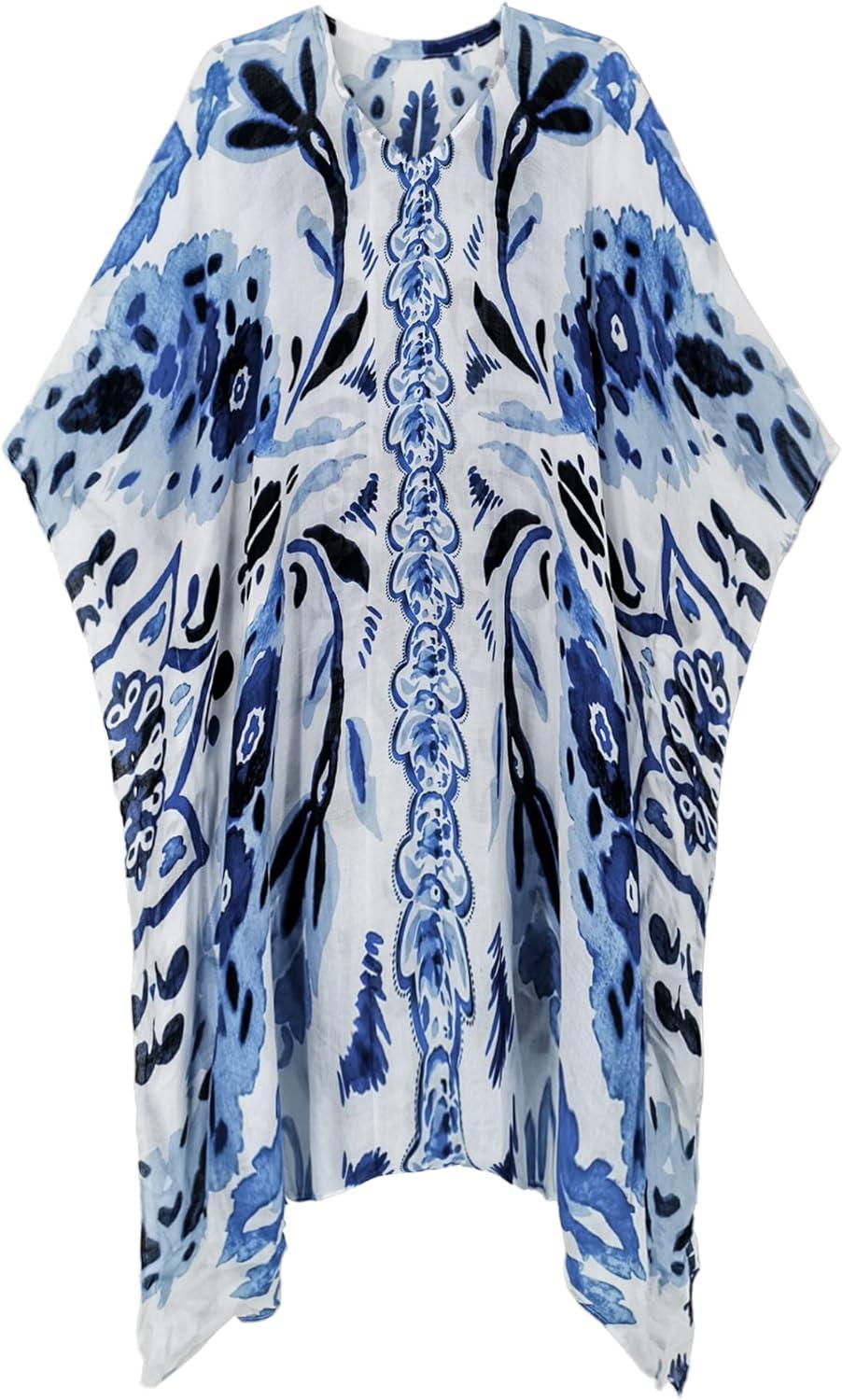 imageMoss Rose Womens Swimsuit Cover up Beach Kaftan for Bathing Suit with Floral PatternBluefloral