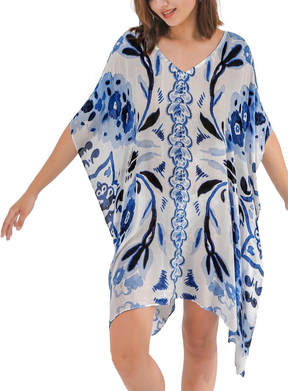 imageMoss Rose Womens Swimsuit Cover up Beach Kaftan for Bathing Suit with Floral PatternBluefloral