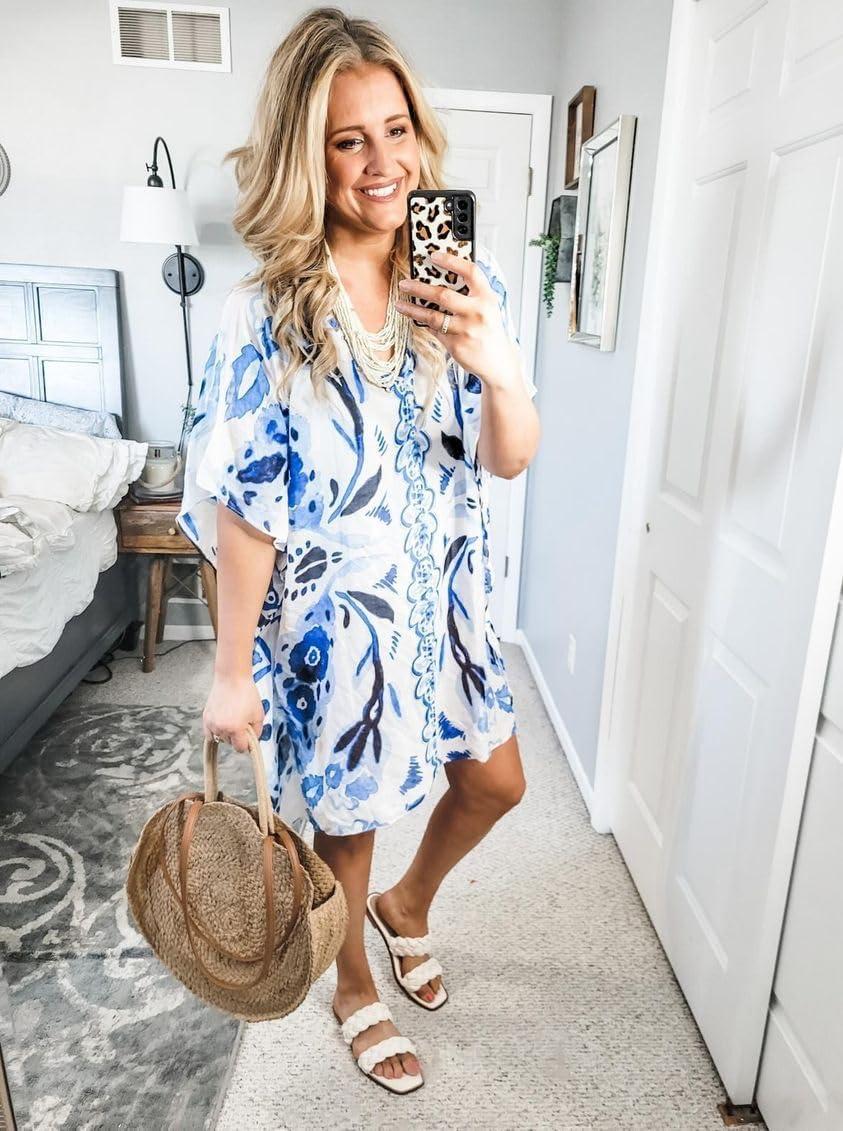 imageMoss Rose Womens Swimsuit Cover up Beach Kaftan for Bathing Suit with Floral PatternBluefloral