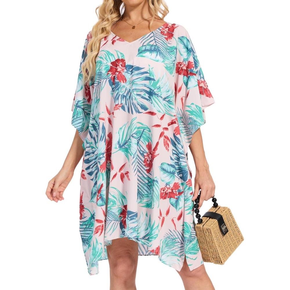 imageMoss Rose Beach Kaftan Dresses for Women V Neck Summer Swimsuit Cover up Beach Vacation ClothingAgreen