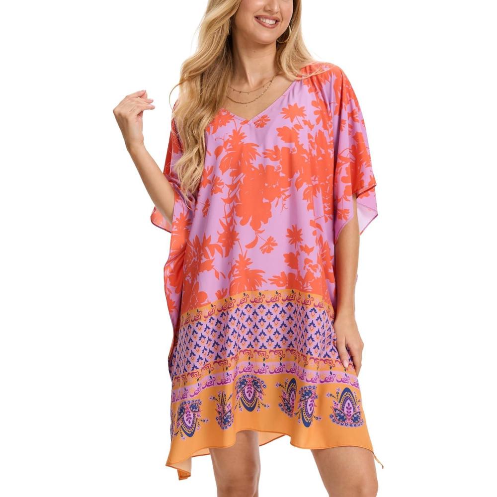 imageMoss Rose Beach Kaftan Dresses for Women V Neck Summer Swimsuit Cover up Beach Vacation ClothingBred