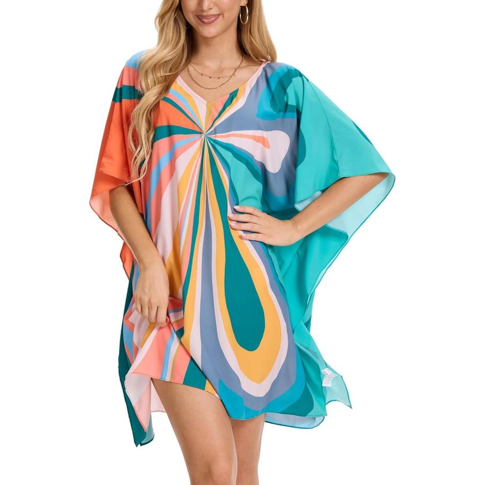 imageMoss Rose Beach Kaftan Dresses for Women V Neck Summer Swimsuit Cover up Beach Vacation ClothingButterfly