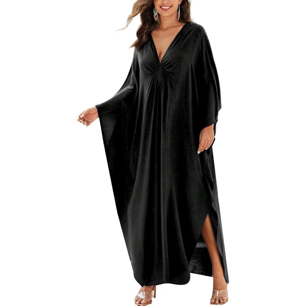 imageMoss Rose Caftan Coverup Dresses for Women V Neck Summer Swimsuit Kaftan Plus Size Maxi Beach Vacation ClothesAblack