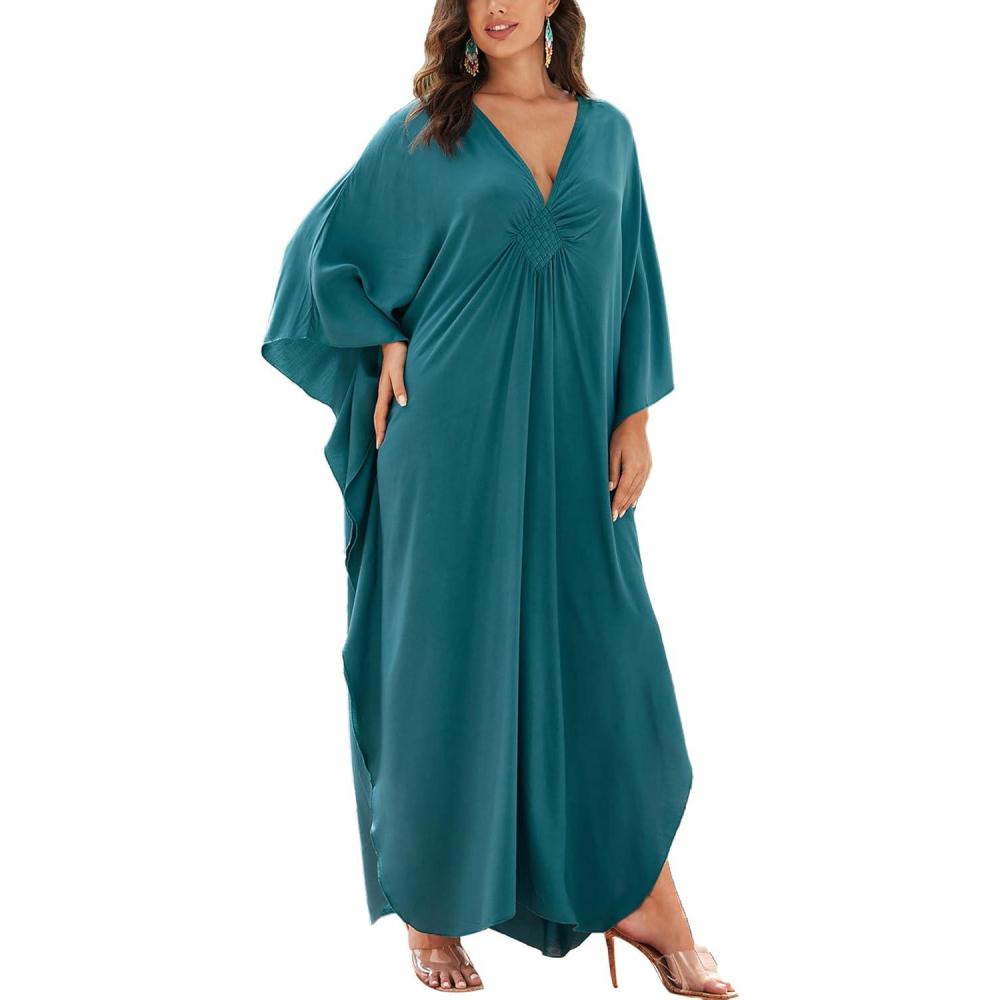 imageMoss Rose Caftan Coverup Dresses for Women V Neck Summer Swimsuit Kaftan Plus Size Maxi Beach Vacation ClothesAblue