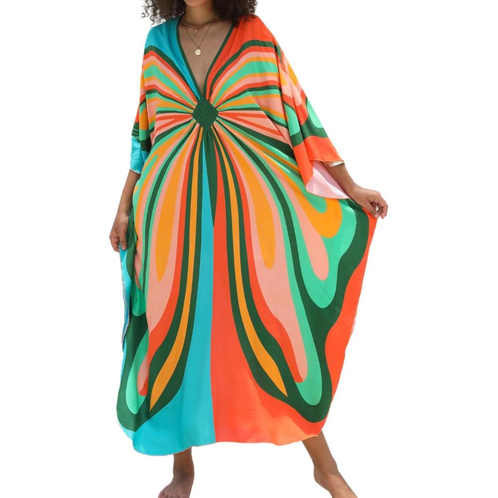 imageMoss Rose Caftan Coverup Dresses for Women V Neck Summer Swimsuit Kaftan Plus Size Maxi Beach Vacation ClothesB Colorful Butterfly 2
