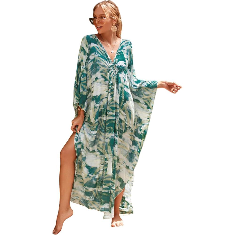 imageMoss Rose Caftan Coverup Dresses for Women V Neck Summer Swimsuit Kaftan Plus Size Maxi Beach Vacation ClothesBgreen